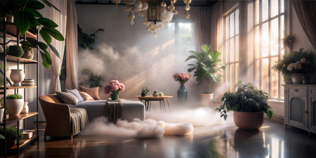 A relaxing living room scene filled with plants, sunlight, and a light fog effect.の写真素材