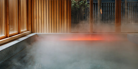 Relaxing onsen bath scene with wooden walls and steam rising from the water, creating a serene atmosphere.の写真素材