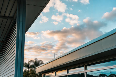 Low angle view of a modern building's roofline against a vibrant sunset sky. Clouds are visible.の写真素材