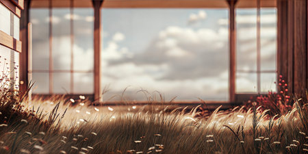 Tall grass and wildflowers in the foreground with a large window showcasing a cloudy sky in the...