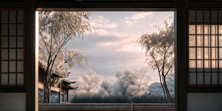 A serene view of a Japanese garden at sunrise, seen through a traditional shoji screen. Soft light bathes the scene, creating a peaceful atmosphere.の写真素材