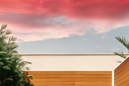 Relaxing scene of a terrace with wooden panels and tropical plants, under a beautiful sunset sky.の写真素材