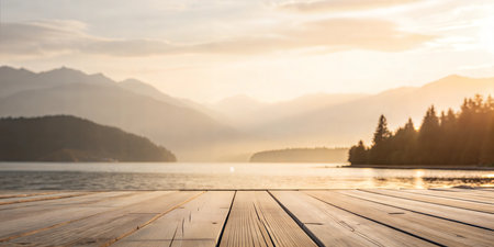 Wooden dock overlooking a serene lake with mountains in the background at sunset.の写真素材