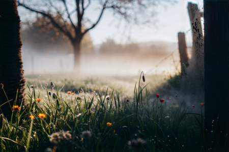 Dew-covered wildflowers in a misty field at sunrise. Soft light and muted colors create a serene...