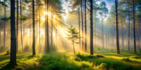 Magical sun rays piercing through the fog in a dense forest, illuminating the trees and ground. Serene and mystical atmosphere.の写真素材