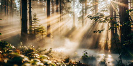 Magical sunbeams pierce through the fog in a dense forest, illuminating the trees and creating a serene atmosphere.の写真素材