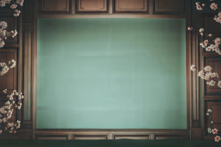 A mint green wall with an ornate wooden frame and cherry blossom accents. Perfect for a background or mockup.の写真素材