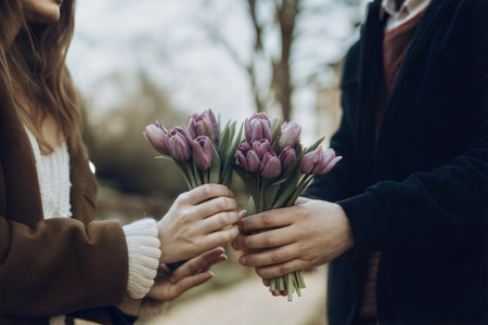 Close-up of a couple gently exchanging a bouquet of purple tulips outdoors.  Romantic and tender moment.の写真素材