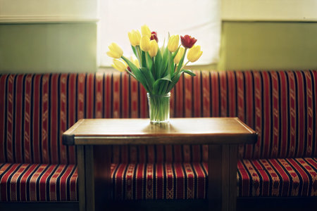 A bouquet of yellow and red tulips in a glass vase sits on a wooden table in front of a red and black striped sofa.の写真素材