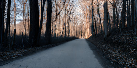 A gravel road winds through a forest in the soft light of late afternoon. The trees are bare, the leaves fallen.の写真素材