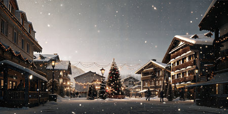A picturesque winter village square adorned with a decorated Christmas tree, twinkling lights, and falling snow.の写真素材