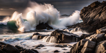 Dramatic long exposure of ocean waves crashing against dark rocks at sunset, creating a stunning display of nature's power.の写真素材