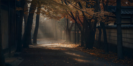 Sunlit path through an autumnal Japanese garden with maple trees and traditional architecture....