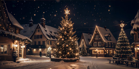 A picturesque village square adorned with a large, illuminated Christmas tree, surrounded by snow-covered houses and twinkling lights.の写真素材