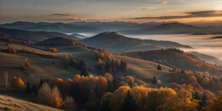 Misty sunrise over rolling hills and valleys, painted in vibrant autumn colors. Breathtaking scenery.の写真素材