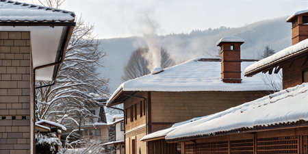 Houses covered in snow on a sunny winter day, with smoke rising from a chimney.の写真素材