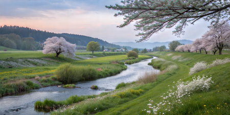 Peaceful countryside scene featuring a river flowing through lush green meadows, blooming cherry trees, and a soft sunset sky.の写真素材