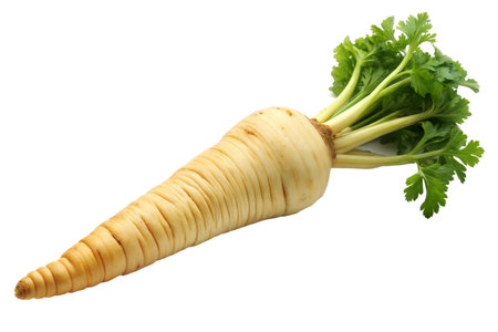 A single, fresh parsnip with its vibrant green tops, isolated on a black background.の写真素材