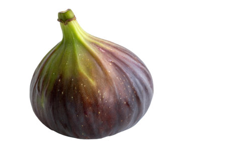 Close-up of a ripe fig fruit isolated on a pure black background.  The fig's texture and color are...