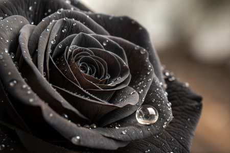 Close-up of a dark rose covered in water droplets, showcasing intricate details and textures.の写真素材