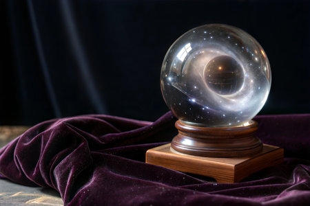 A crystal ball displays a swirling galaxy, resting on a wooden base and dark velvet.  Cosmic and mystical.の写真素材