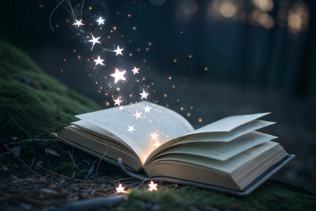 Open book with magical stars glowing in a forest setting. Fantasy and fairytale concept.の写真素材