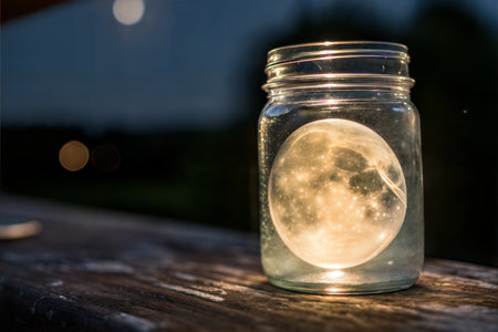 A mason jar contains a glowing moon, adding a surreal and dreamy feel.  The image is dark, highlighting the jar's contents.の写真素材
