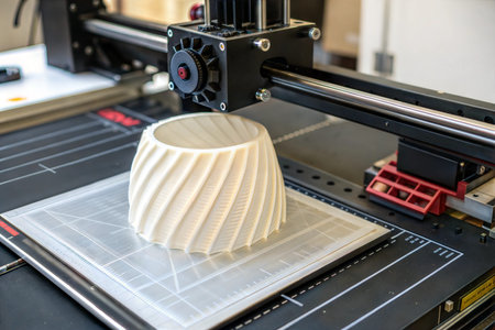 Close-up of a 3D printer creating a white, spiral patterned bowl. The printer's mechanics are...