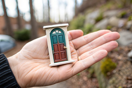 A miniature door is held in a person's hand outdoors. The background is blurred, showing trees and a...