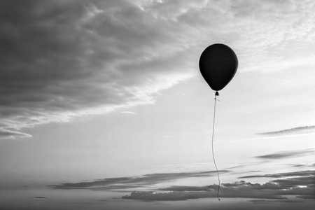 A single black balloon floats against a backdrop of gray and white clouds. Black and white photo.の写真素材