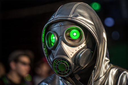 Close-up of a person wearing a black gas mask with green glowing eyes and a silver leather jacket.の写真素材