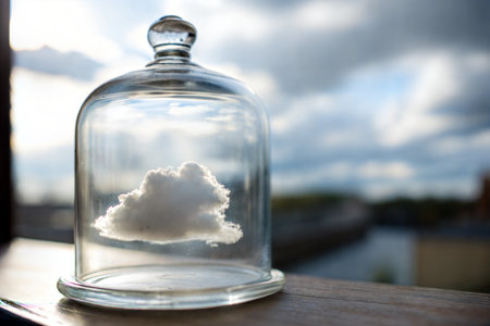 A small cloud sits inside a glass dome, set against a blurred background of sky and cityscape.の写真素材