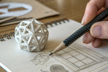 Close-up of a hand sketching geometric designs on a notepad, with a 3D printed geometric shape...