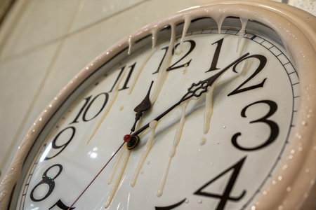 Close-up of a clock with a melted frame, dripping substance, possibly wax or glue. The clock face...