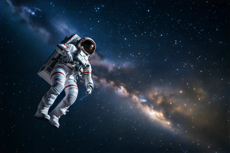 Astronaut floating in space with a nebula and stars in the background.の写真素材