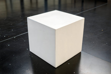 A simple, clean image of a white cube resting on a dark, reflective surface.  Minimalist and modern...