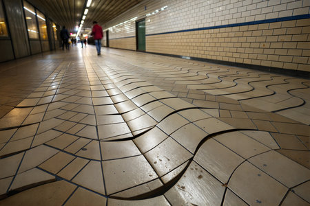Abstract perspective of a wavy tile floor in a subway passageway. Blurry figures of people walking in the background.の写真素材