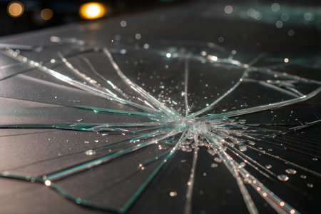 Close-up view of shattered glass with water droplets on a dark surface. The cracks radiate from the center.の写真素材