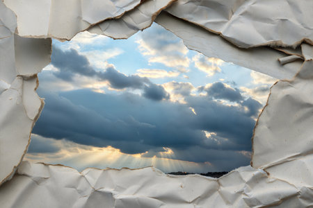 A dramatic image of a torn piece of paper revealing a vibrant sunset sky with dark clouds and sun rays.の写真素材
