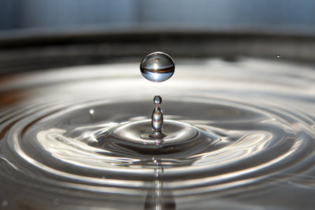 A water droplet impacts a water surface creating concentric ripples and a reflection.の写真素材