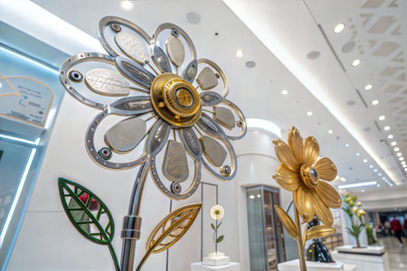 Close-up view of two elaborate metallic flower sculptures with jeweled accents, displayed in a modern interior.の写真素材
