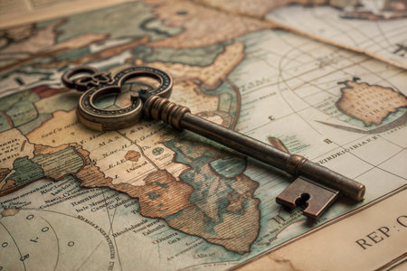 Close-up of an ornate antique key resting on an old, detailed map, suggesting adventure and exploration.の写真素材