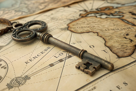Close-up of an ornate antique key resting on an aged map, suggesting adventure and exploration.の写真素材
