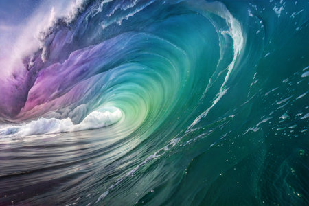 A vibrant, colorful ocean wave curls, showcasing a spectrum of teal, green, purple, and pink hues.の写真素材
