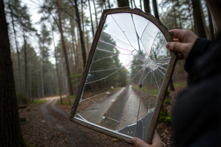 A person holds a shattered window frame against a forest backdrop. The cracks create a unique perspective.の写真素材