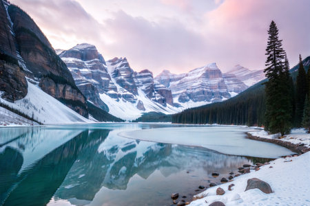 Breathtaking sunrise over Bow Lake in Banff National Park, showcasing the stunning snow-capped mountains and crystal-clear water.の写真素材