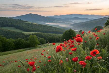 Vibrant red poppies in a field overlooking a misty valley and mountain range at sunrise.の写真素材