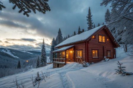 A warm, inviting cabin nestled in a snow-covered mountain landscape at twilight.の写真素材