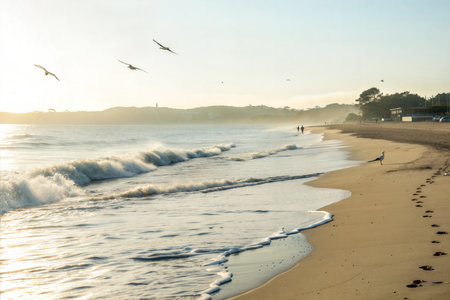 Waves gently lapping the shore at sunrise, with birds flying and footprints in the sand.の写真素材