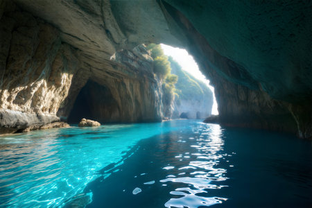 Sunlight illuminates a stunning sea cave with vibrant turquoise water. The rocky formations create a dramatic scene.の写真素材